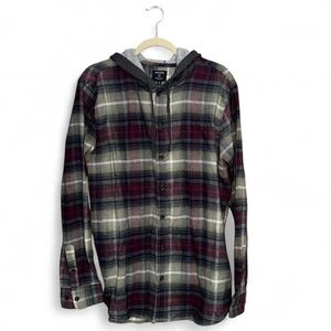 NWT PacSun Men’s Green, Maroon and Navy Plaid Button Down Hooded Flannel Medium